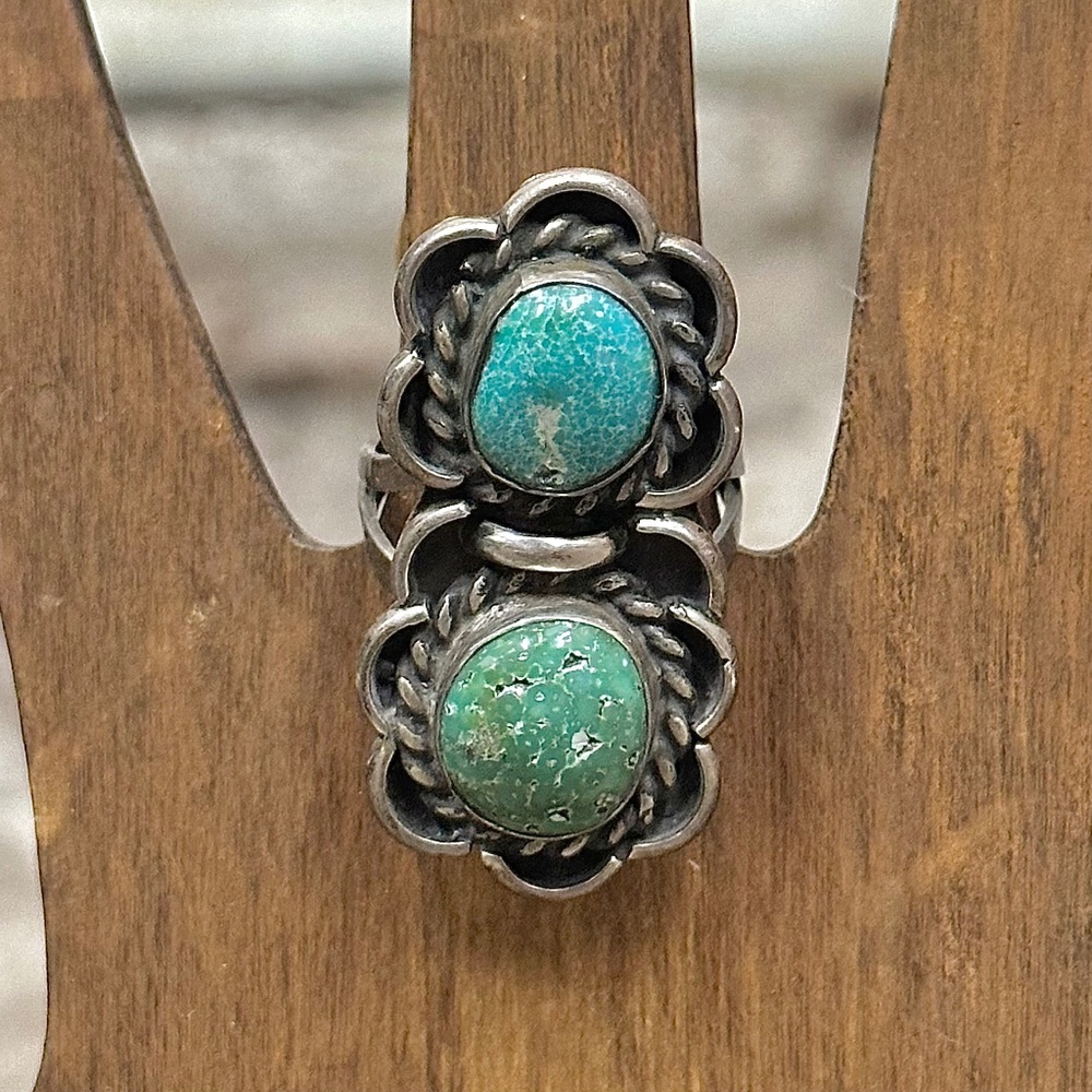 Vintage Sterling Silver Double Blue Green Turquoise Flower Ring Size 8.5
